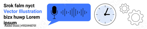 Communication, voice recognition, productivity, automation, artificial intelligence, workflow solutions. Microphone in speech bubble, clock gears illustrate processes. Communication and voice