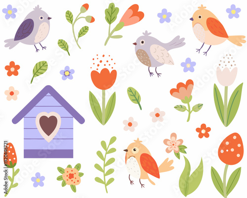 Charming illustration of birds flowers a birdhouse and spring foliage
