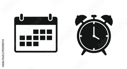 A simple black graphic depicts a calendar and an alarm clock representing scheduling and time management silhouette high quality professional
