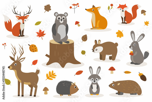 Cute woodland creatures and autumn foliage in a charming illustration