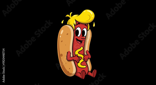 Playful Cartoon Hot Dog Character with Mustard on Solid Black Background