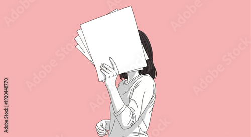 Illustration of a woman holding a large white image file from 2013 in front of her face