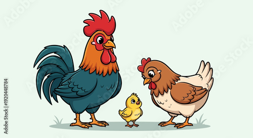 Cheerful Cartoon Rooster, Hen, and Chick Standing Together on a Light Green Background
