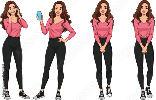 Modern young woman character vector set wearing pink long sleeve shirt and black leggings featuring poses for smartphone use, calling, and standing for lifestyle designs.
