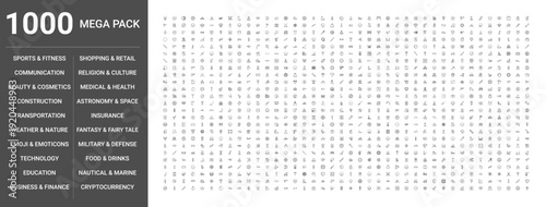 Big set of 1000 thin line web icons such as Sports & fitness, Construction, Technology, Beauty & cosmetics, Business & finance, Medical & health, Food & drinks, Transportation, Education