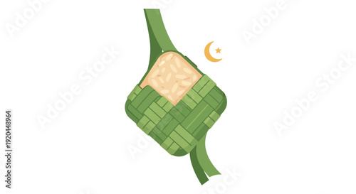 Traditional Indonesian Ketupat with Crescent Moon and Star Symbol on an Isolated White Background