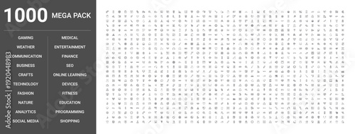 Big set of 1000 thin line web icons such as Entertainment, Business, Weather, Fitness, Technology, Education, Nature, Analytics, Programming, Online learning, Seo, Fashion, Gaming, Devices, Crafts