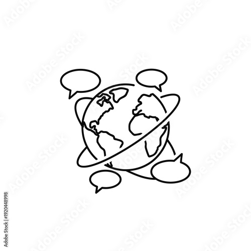 Simple Line Drawing of Globe with Speech Bubbles.