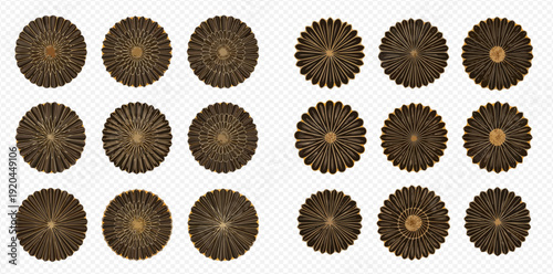 Set of intricate golden mandala patterns with radial symmetry on a transparent background.