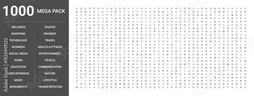 Big set of 1000 thin line web icons such as Business, Technology, Music, People, Travel, Social media, Nature, Payment, User interface, Transportation, Signs, Shapes, Monuments, Communication