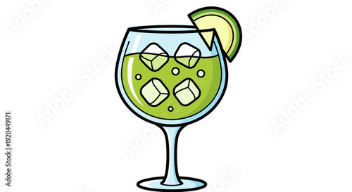 Illustration of a refreshing green cocktail with lime and ice in a glass, image (2020).ai style