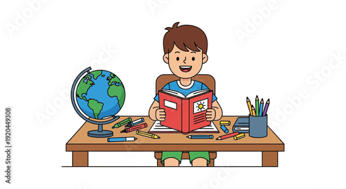 A young boy diligently studies at a desk with a globe book and stationery a vibrant silhouette high quality professional detailed