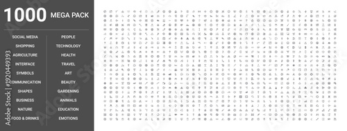 Big set of 1000 thin line web icons such as Communication, Interface, Technology, Business, Shopping, Social media, People, Emotions, Nature, Animals, Food & drinks, Travel, Health, Education