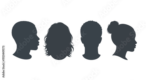 Four women's silhouettes in different hairstyles viewed from the side, image (2029).ai