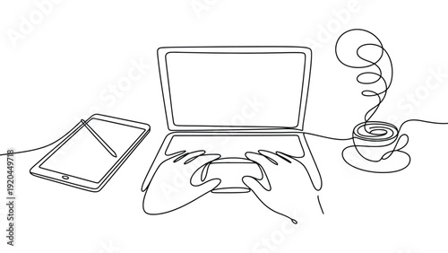 Continuous line drawing of hands typing on laptop with tablet and coffee minimalist one line art workspace illustration