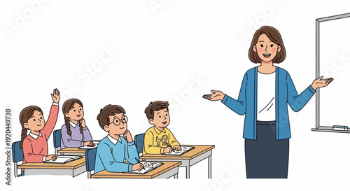 Teacher explaining lesson to students in classroom setting with whiteboard image (2034).ai