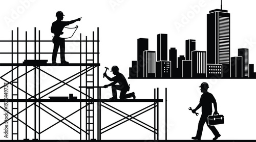 Black Silhouette of Construction Workers on Scaffolding with Blueprint and Hammer Against a City Skyline with High Rise Buildings Background