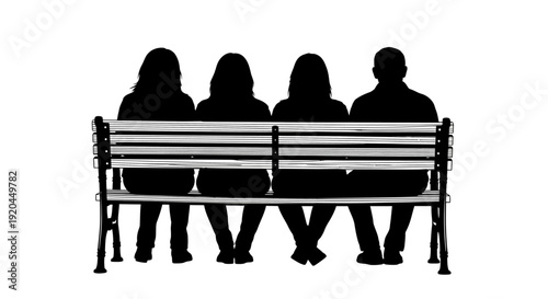 Silhouetted figures of people sitting together on a bench, viewed from behind, image (2037).ai as reference