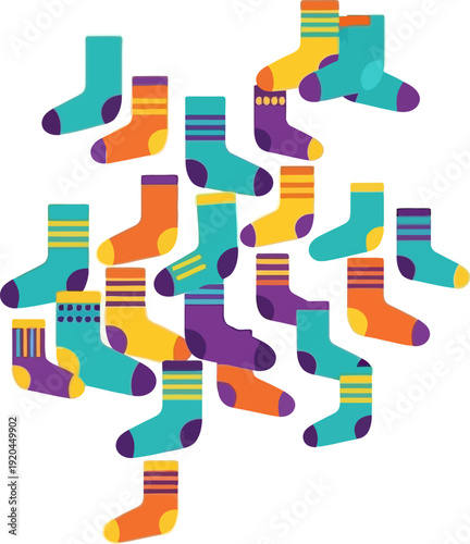A cheerful illustration depicting a playful assortment of colorful and patterned socks scattered in a vibrant, artistic arrangement, symbolizing cozy comfort and unique style