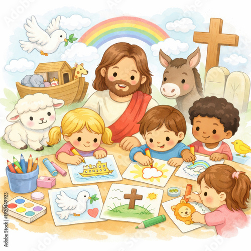Warm christian illustration of jesus guiding children in a joyful bible lesson with rainbow dove ark lamb donkey and coloring pages for sunday school faith education and spiritual learning
