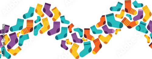 Abstract pattern of numerous colorful socks, arranged in a vibrant, flowing wave that symbolizes connection, variety, and the comfort of everyday essentials