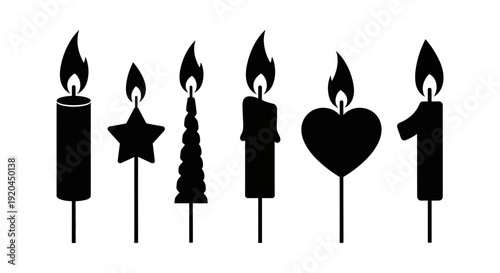 Set of Black Birthday Candles Icons: Number 1, Heart, Star, Christmas Tree, and Cylinders