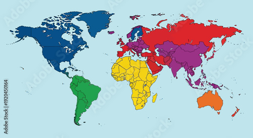 World map illustration with distinct colored regions for different countries and continents in a flat style design image (2048)