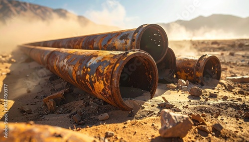 FlyPro Firefly's detailed image showing rusty, hollowed-out pipes with pitted and corroded surfaces lying exposed in a barren, dusty field (4a094b_1).