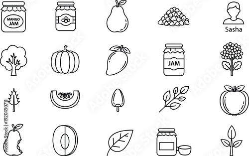 Minimal black and white line icons of fruits, jam jars, vegetables, leaves, organic food symbols, simple vector illustration set
