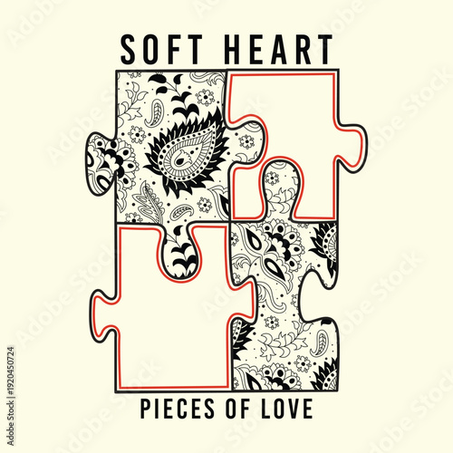 Soft Heart Pieces of Love Puzzle Illustration - Minimal Romantic Typography Vector Design