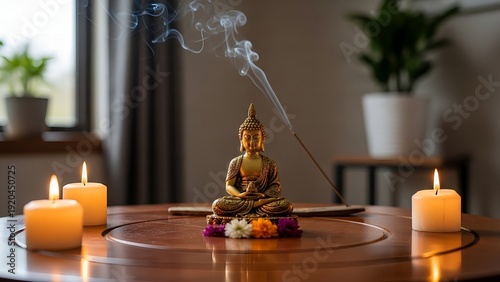 Golden Buddha statue with candles and incense for peaceful meditation