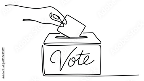 Continuous line drawing of hand casting ballot in vote box minimalist one line art democracy election illustration isolated