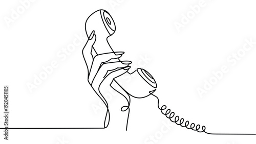 Continuous line drawing of hand holding telephone receiver minimalist one line art communication illustration isolated on white