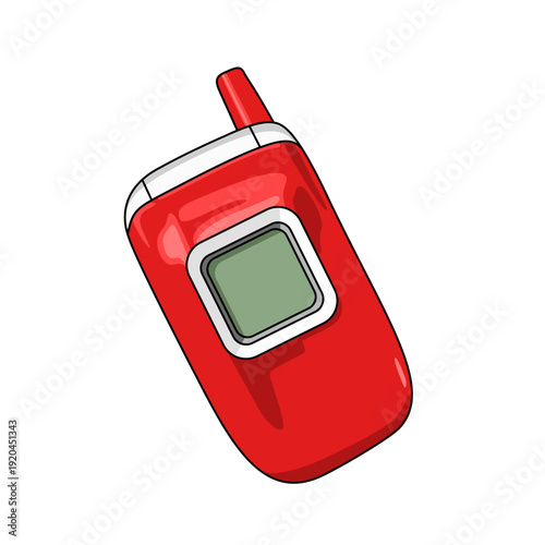 a red retro style cell phone with antena on a white background. Technology communication object