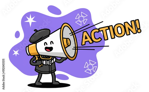 Cartoon character holding megaphone with action text in vibrant purple background