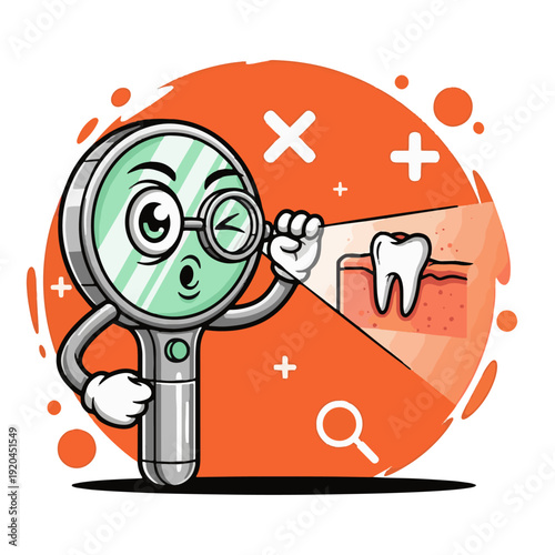 Cartoon dentist character examining tooth with magnifying glass