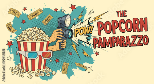 Vibrant movie night concept with popcorn and camera