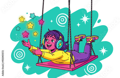 Happy child enjoying carefree moment on swing with colorful stars