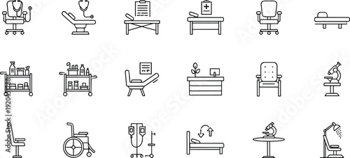 Minimal hospital furniture line icons set, medical clinic equipment symbols, healthcare interior collection, black and white vector illustration, modern design elements