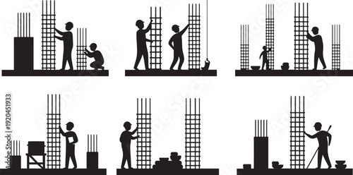 Construction workers building concrete pillars with rebar reinforcement