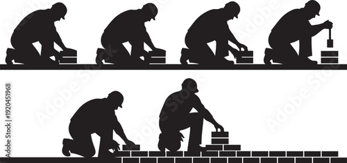 Silhouette of construction workers laying bricks in sequence bricklayer building masonry