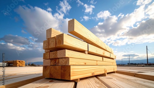 FlyPro Firefly bundles of treated lumber for basic shelter construction, their visible grain captured in realistic photography style beneath an overcast sky.