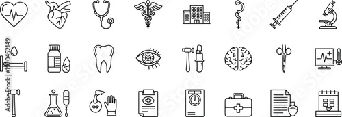 Minimal medical line icons set, healthcare hospital symbols, doctor tools collection, black and white vector illustration, modern medicine design elements