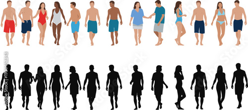 Set of Diverse Flat Vector People and Silhouettes Wearing Swimwear and Summer Outfits for Beach Vacation Design Elements Isolated on White Background Vector Illustration