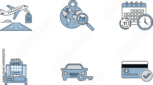 Travel booking icons set with flight, map search, calendar, hotel, car rental, payment card, modern vector illustration isolated white background