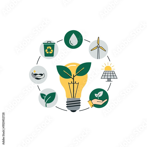 A flat  illustration depicting carbon footprint tracking with a light bulb, surrounded by eco-friendly symbols including recycling, solar energy, and plant growth, concept of Carbon Footprint Tracking