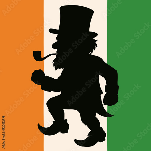 Leprechaun silhouette with top hat and pipe against orange-white-green irish flag background vector