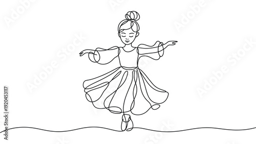 Continuous line drawing of classical dancer performing minimalist one line art cultural dance illustration isolated on white