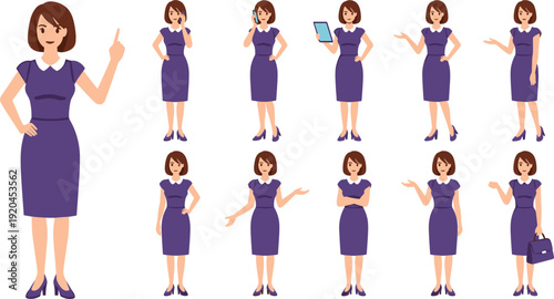 Professional business woman character vector set in purple dress featuring multiple poses including talking on phone, holding tablet, pointing, and presenting for corporate office designs.