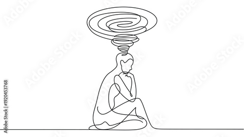 Continuous line drawing of stressed woman with tangled thoughts minimalist one line art mental health illustration